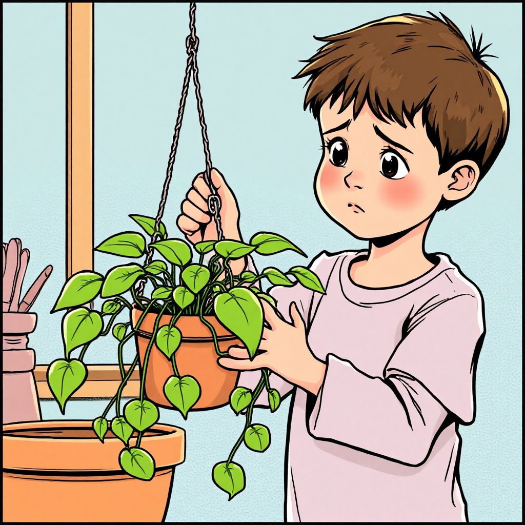 child holding a hanging potted plant