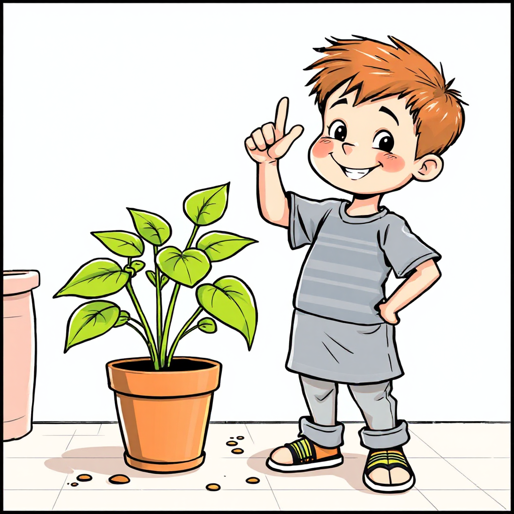child standing with the rescued plant